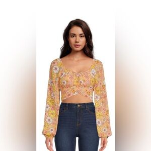 Madden NYC Crop Top 70’s Love Child Coral Long Sleeves Pink & Yellow Floral XS